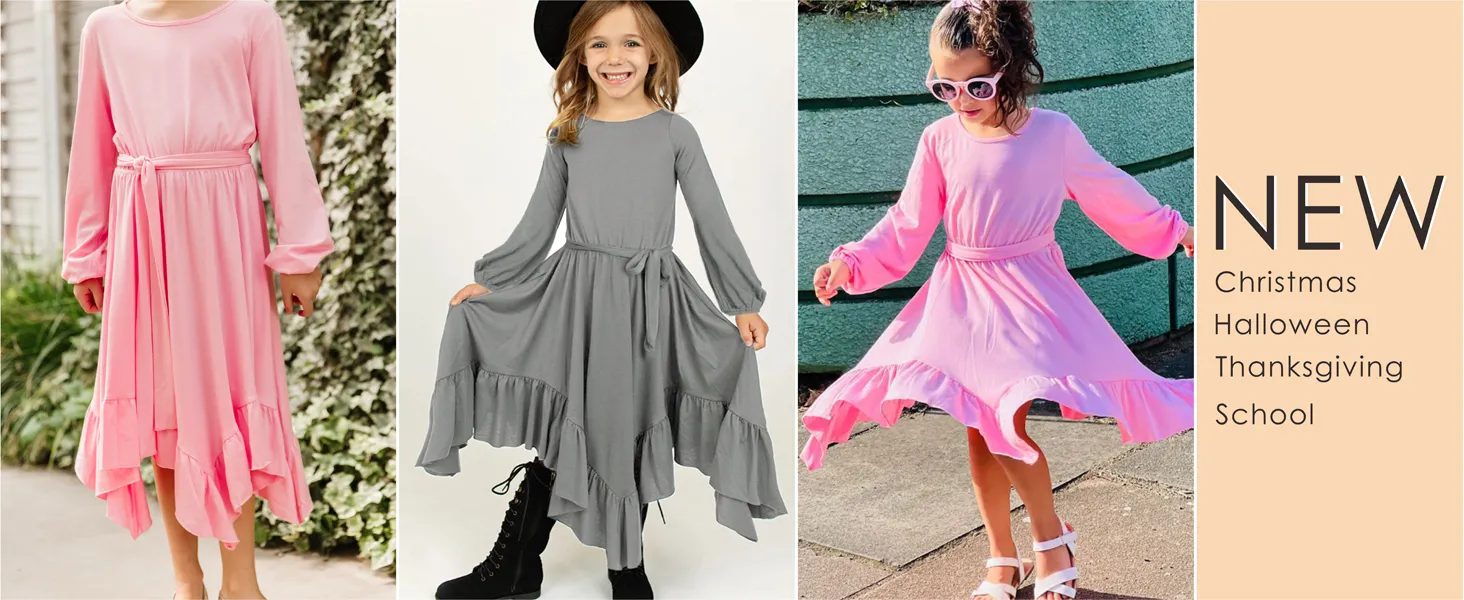 tween girl fall long sleeve maxi boho bohemian round neck solid color dress kid swing size clothes
