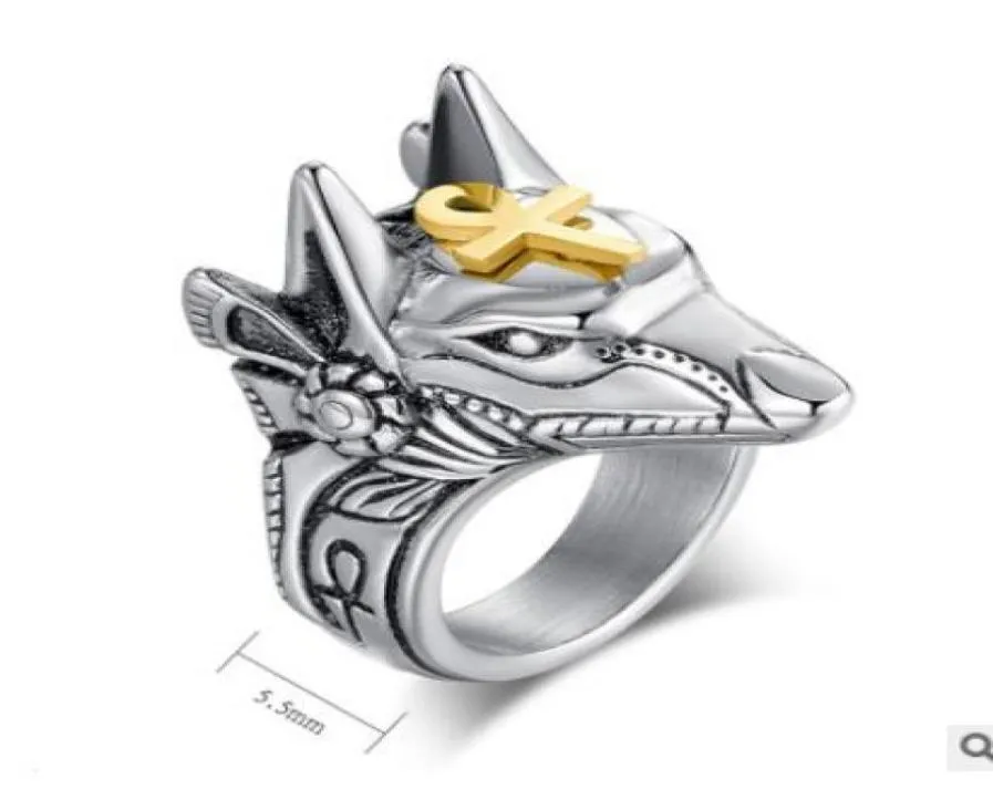 Stainless Steel Egypt Cross Anubis God Finger Rings For Men Women Punk Wolf Head Knuckle Ring Statement Retro Jewelry3989543