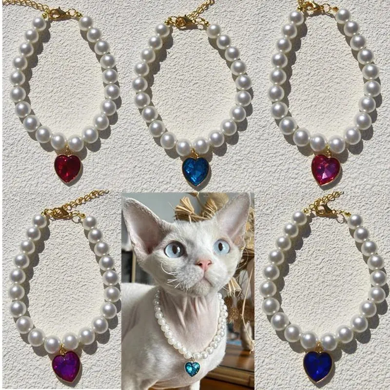 Hundhalsar husdjur pärlhalsband krage hjärtkristall hänge katt klocka smycken lady bow tillbehör