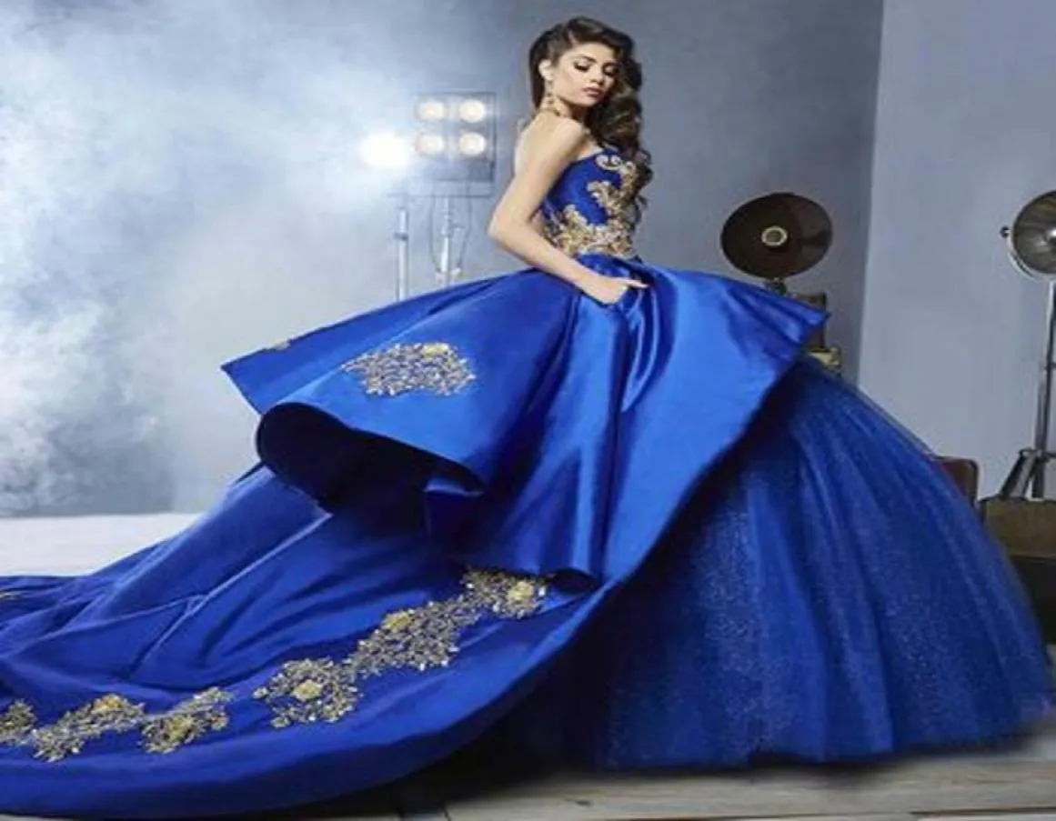 Royal Blue Ball Bown Quinceanera Dresses Sweetheart broderi Applices Beading Gold Satin Tulle Luxury Sweet 16 Dresses Sweep TR8528411