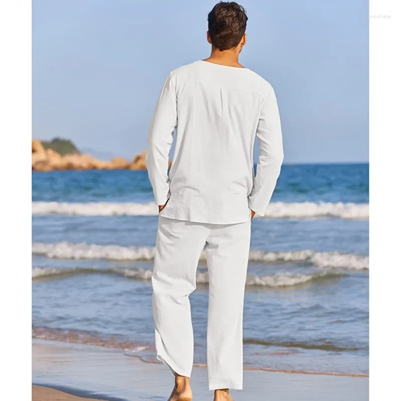 Men's Tracksuits White Linen Trousers Men S Summer Cotton Clothes Solid Color Long Sleeve Henley Shirt Elastic Waist Drawstring Pants 2