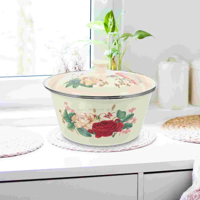 Double Choiateurs Email Bowl Bowl Vintage Pot Food Kitchen avec couvercle Mélanger Creative Soup Emateware Decor