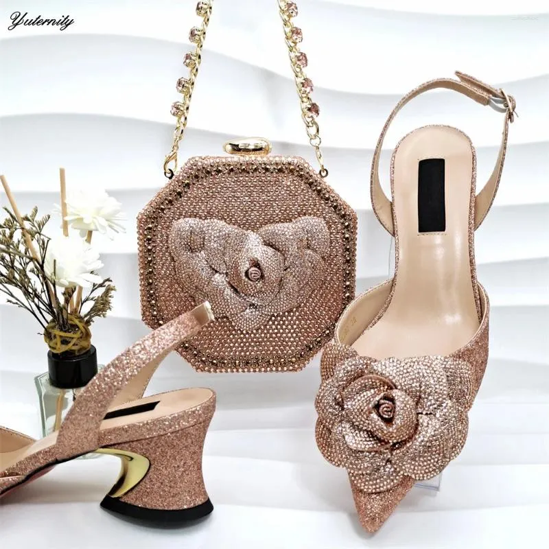 Italian Rhinestone Flower Decorated Dress Shoes and Matching Clutch Purse Set for Wedding Elegant Sandals and Clutch Purse