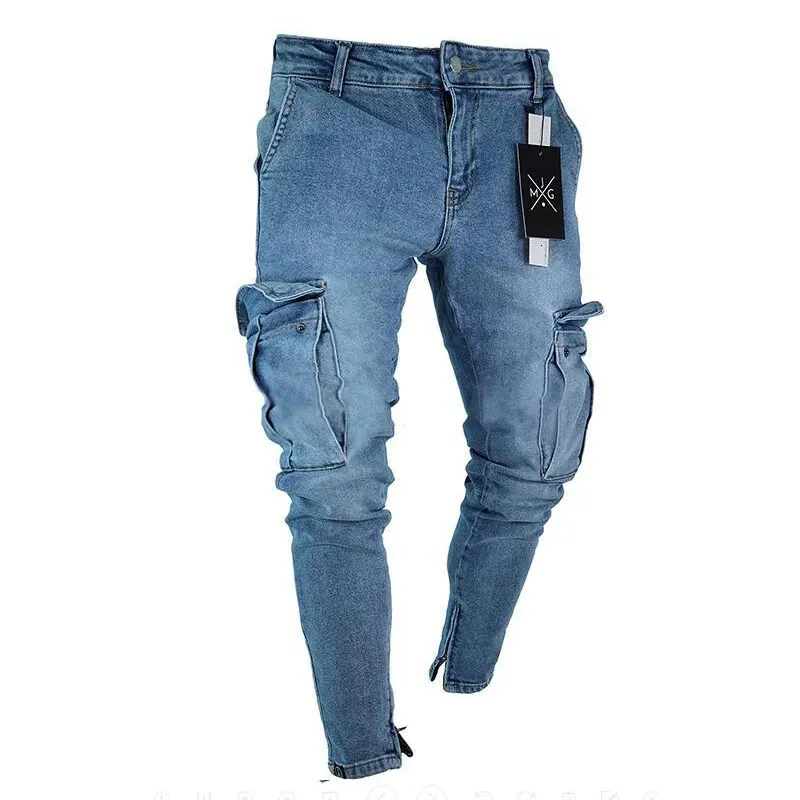 Hommes stress skinny jeans déchirés hommes poche latérale lavée slim pantalon biker pantalon de survêtement de la mode pantalon hip hop jogger 240401