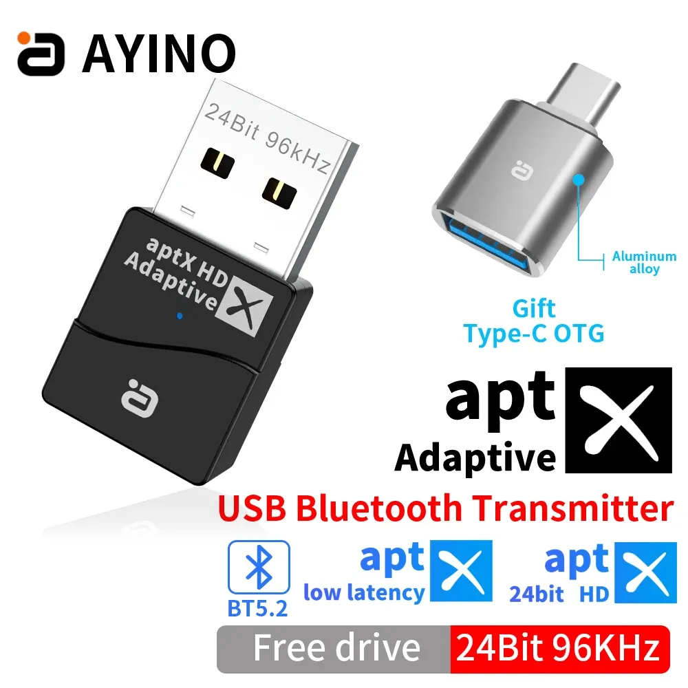 Adapter AYINO USB Dongle Bluetooth 5.2 Audio Transmitter 24Bit 96KHz With Mic LL HD Adaptive Low Latency Wireless OTG TypeC Adapter
