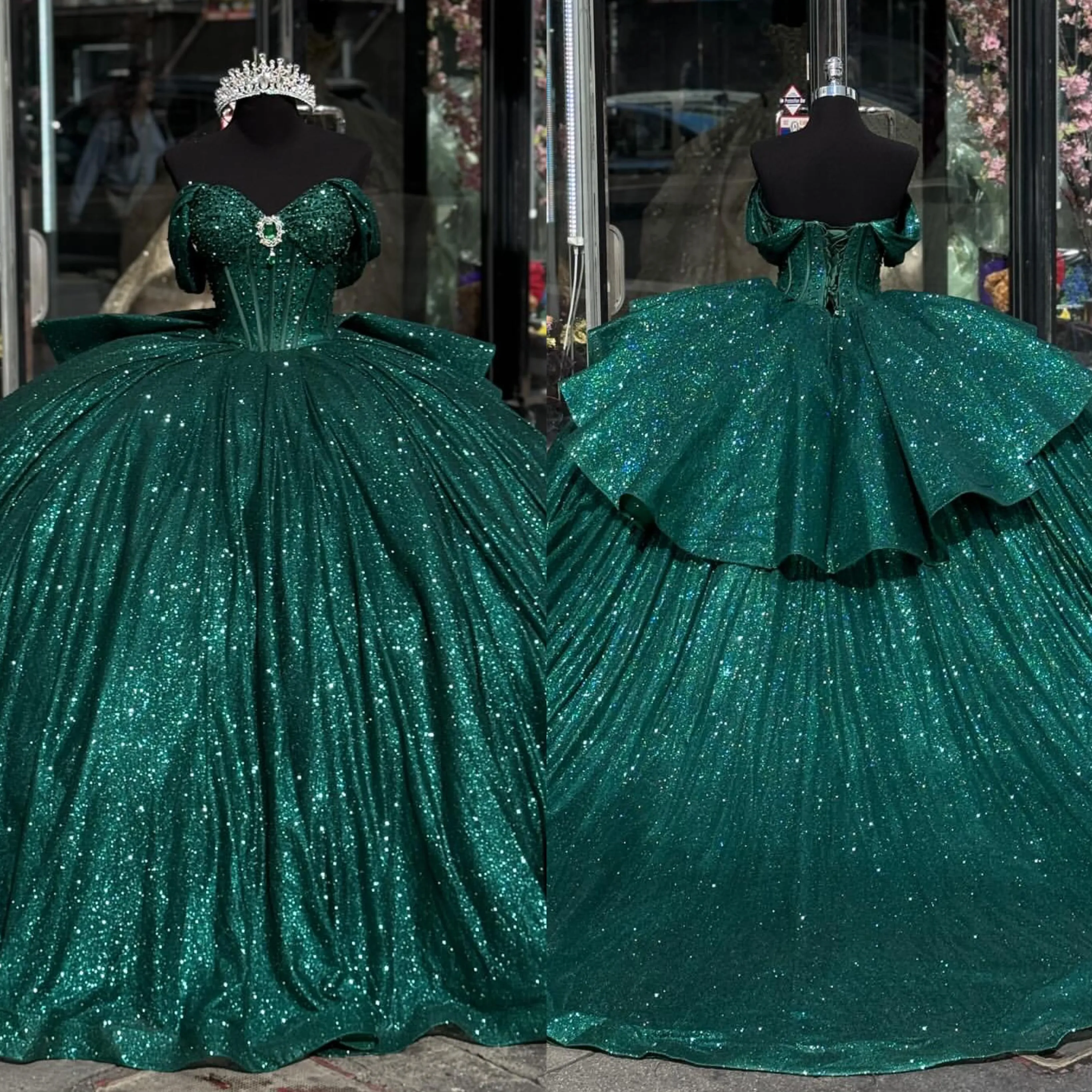 Vestido de princesa verde escuro vestido de banheiro fora do ombro litter lantejas diamam vestido de quinceanera corpete doce vestido de máscaras