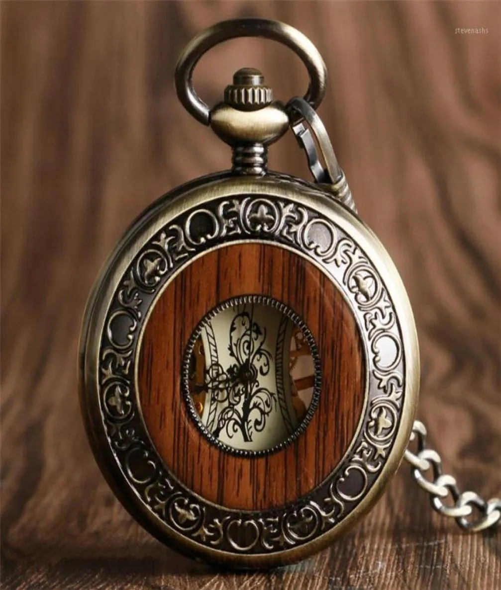 Vine Watch Hand Winding Mechanical Pocket Watch Design en bois Half Retro Clock Gifts for Men Women Reloj19697382