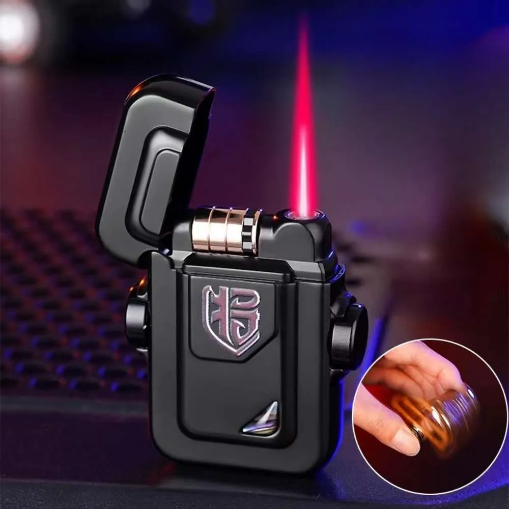 2024 Metal Mecha Gyro Windproof Red Flame Without Gas Lighter Natural Shell Decoration Roller Electronic Ignition Cigar Lighters Smoking