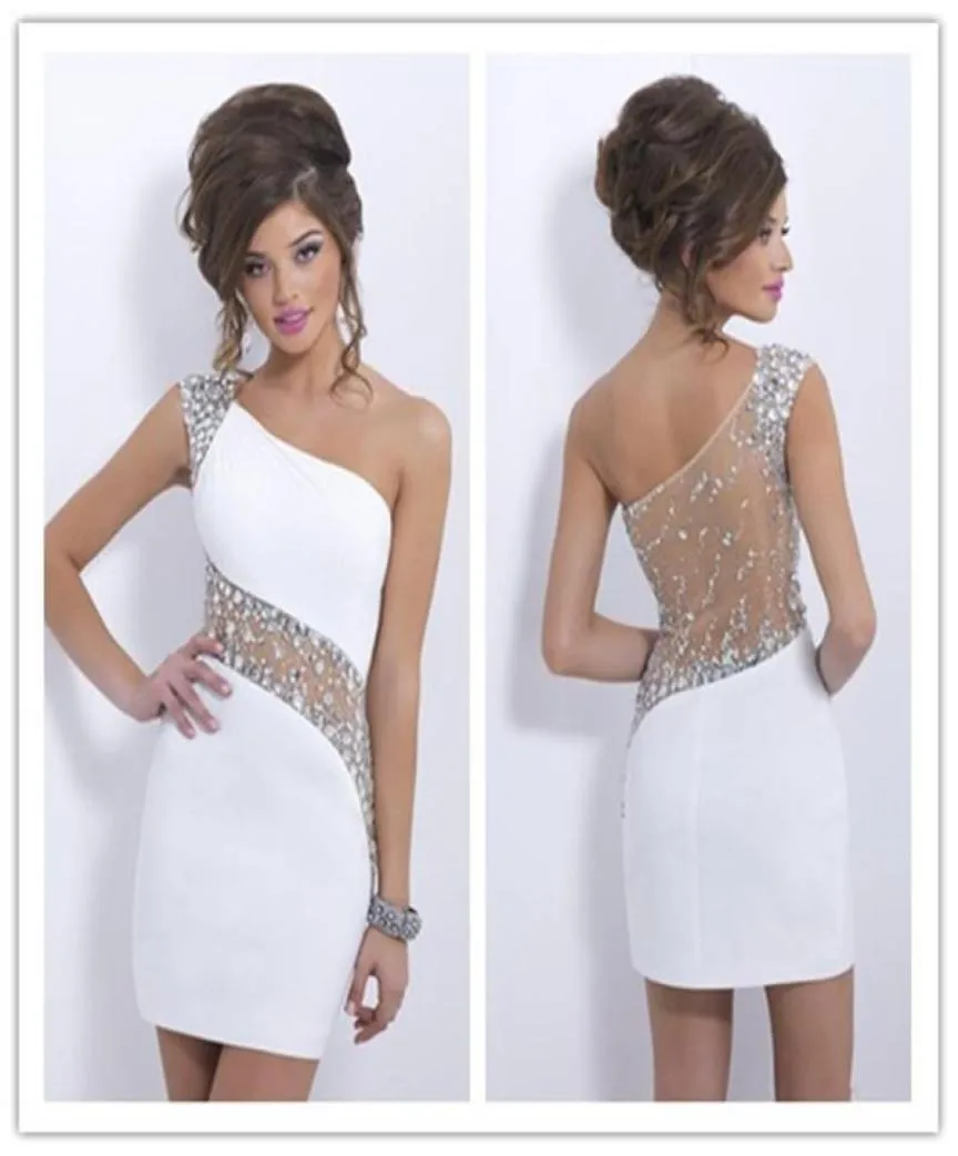 Sexy white crystals Beading Short Cocktail dresses one shouldersheer back prom dress Sheath homecoming dress evening party gown1778922