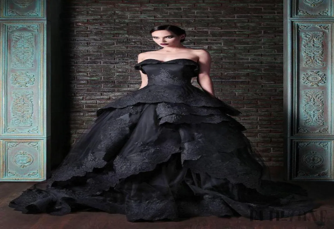 2015 Zuhair Murad Ballkleid Schwarze Brautkleider Gothic Spitzenbrautkleider Schatz Applikationen drapiert bodenlänge Vestidos de Nr. 7792594