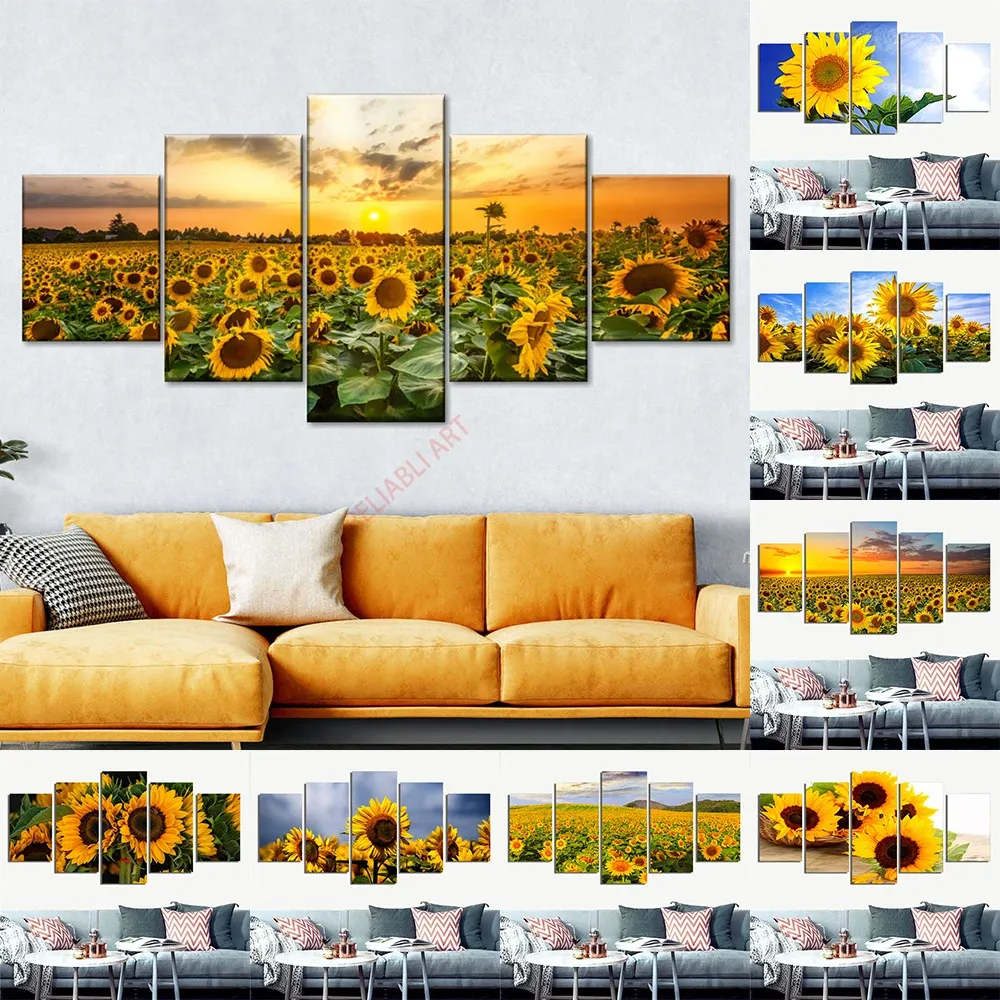 5 Panel Solros Canvas Målning Flower Field Natural Landscape Pictures Affischer and Prints for Living Room Decoration Cuadros
