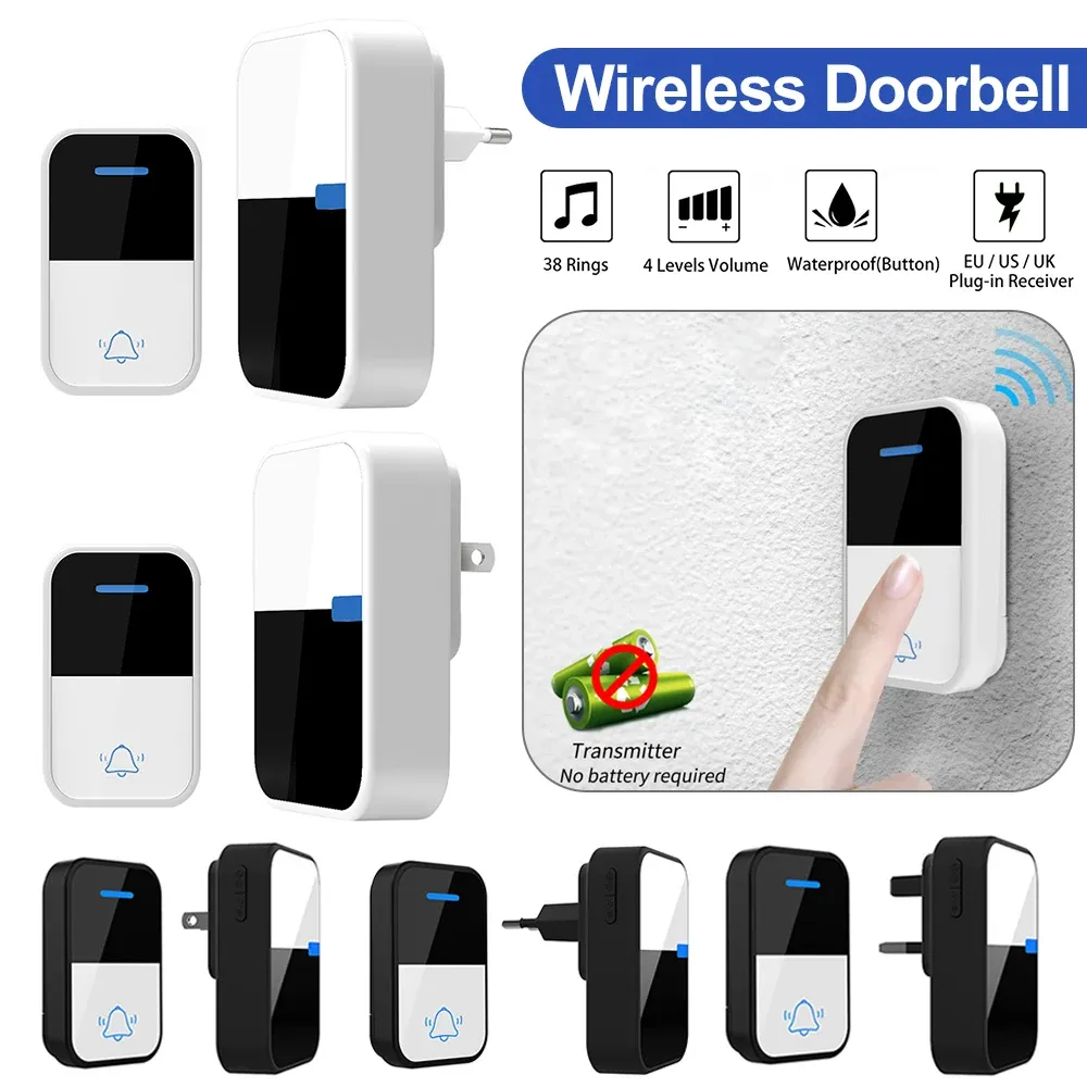 Doorbells Outdoor Wireless Doorbell Waterproof Push Button No Baterry Required Selfpowered Acrylic Panel 38 Songs Ring Door Bell