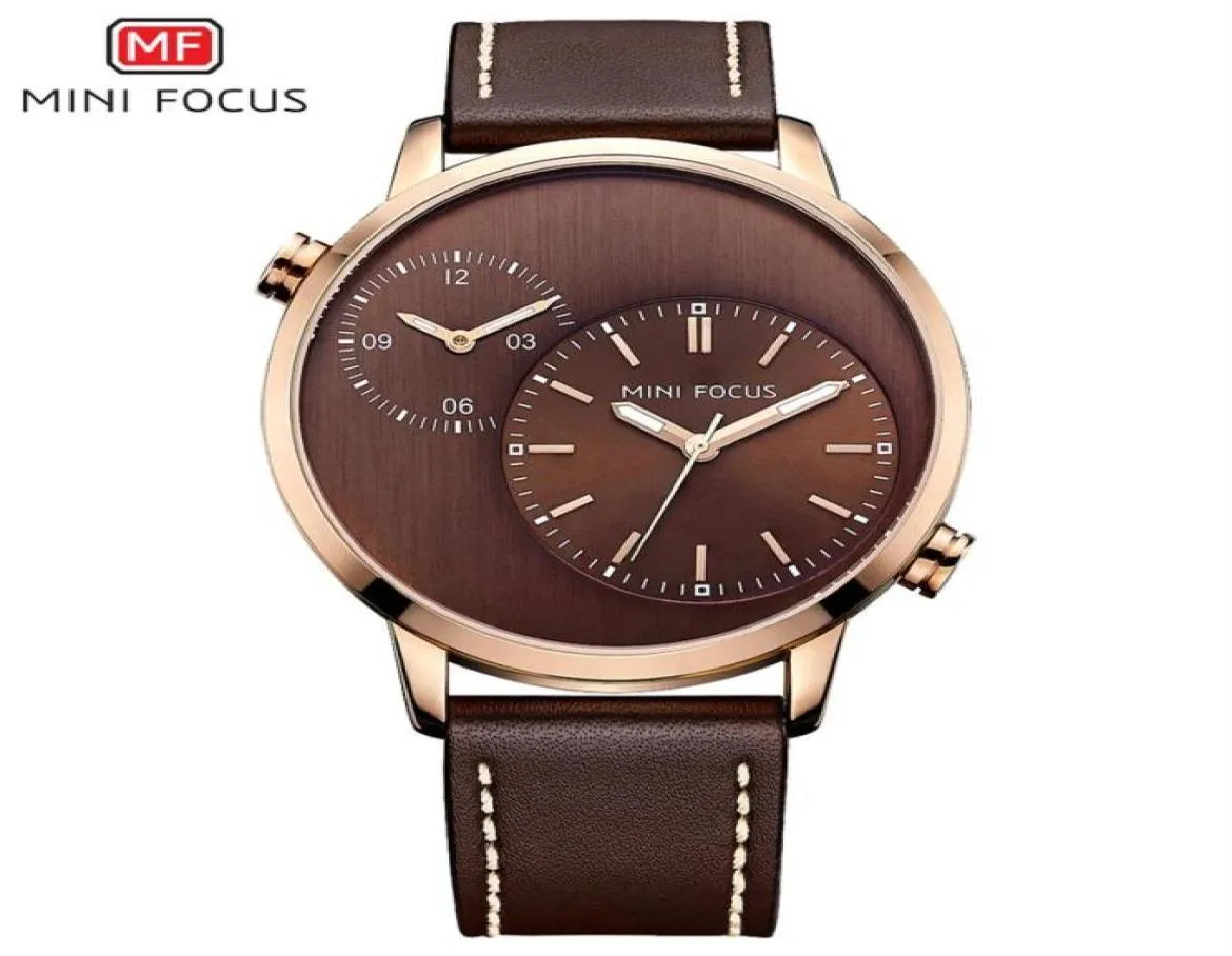 Minifocus Mens Top Brand Busines Quartzwatch повседневный двойной часовой пояс Man подлинный кожа