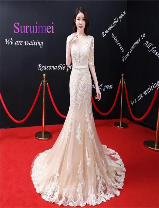 Elegant Long Mermaid Formal Evening Dresses Robe de Soiree Prom Dresses with Appliques Floor Length Short Sleeves2377189