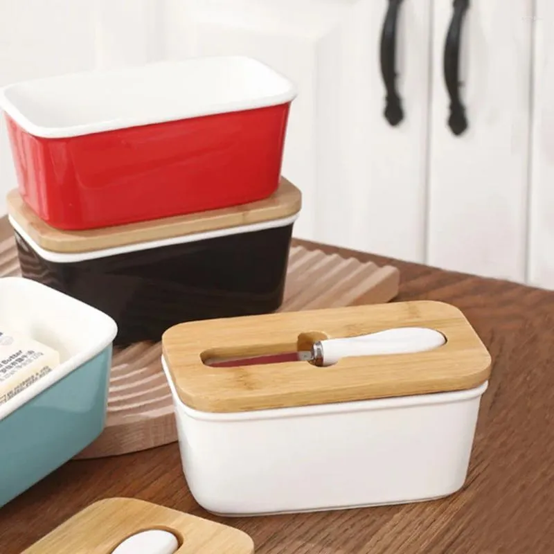 Storage Bottles Butter Sealing Box Ceramic Plate With Wood Lid And Knife Cheese Tray Dish Container Box1