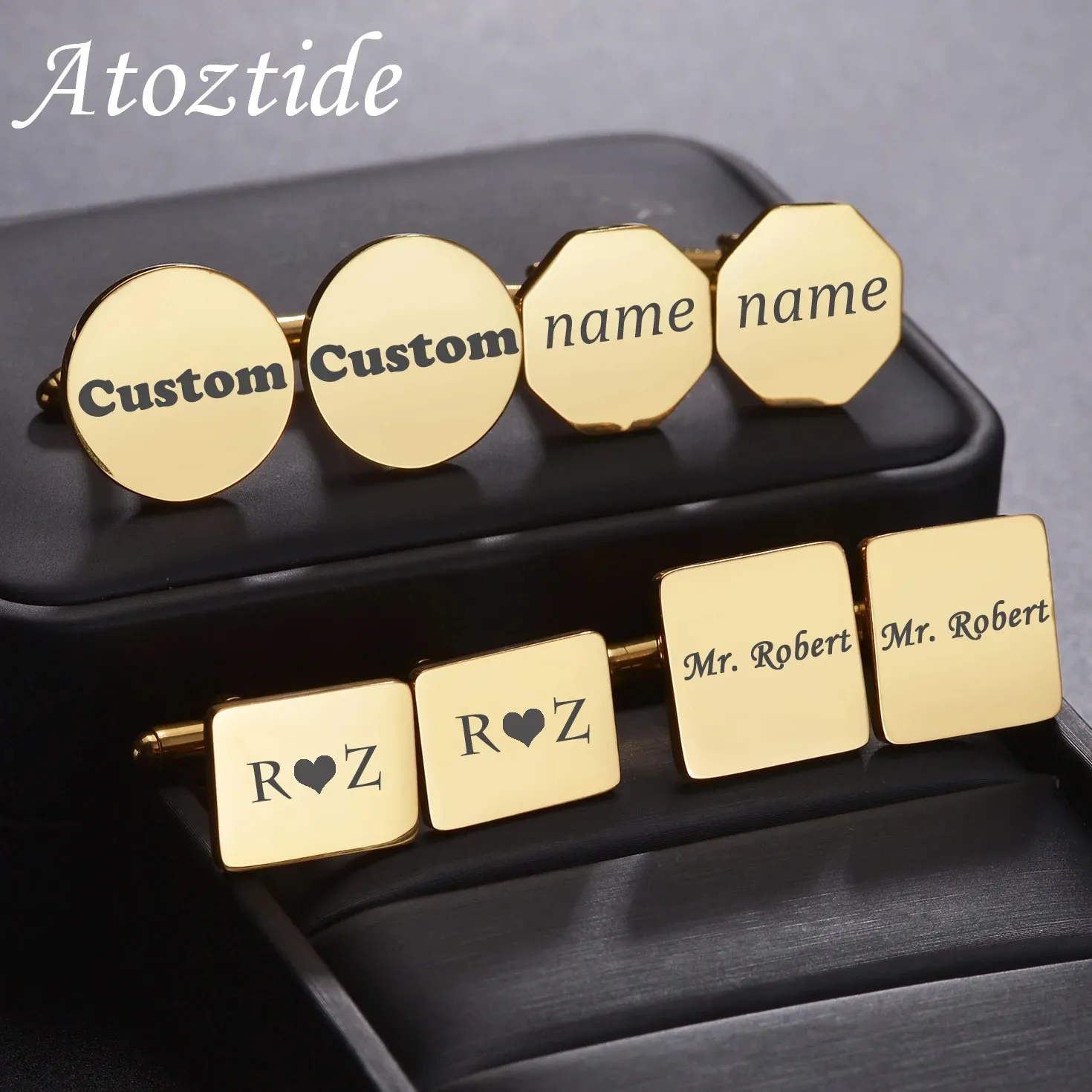 Atoztide Personalized Custom Name Cufflinks for Men Shirt Cuff Buttons Round Square Engrave Letter Jewelry Wedding Gifts 240403