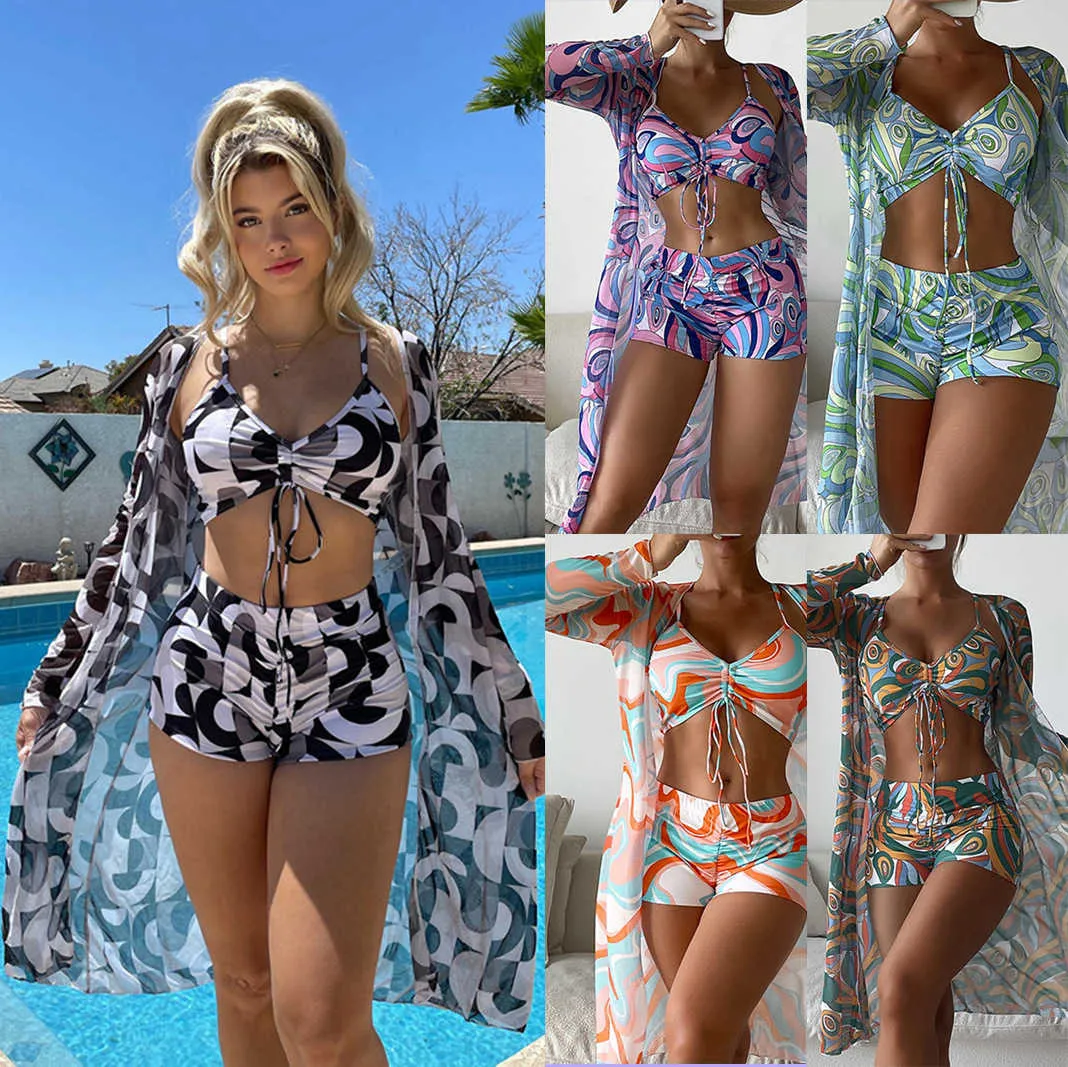 Designer Bikini 2024 Nya kvinnors tre stycken Bikini Mesh Mask Shirt Gradient Print Lace Up Fashion Sun Proof Swimsuit Bathing Suit Designer Badkläder