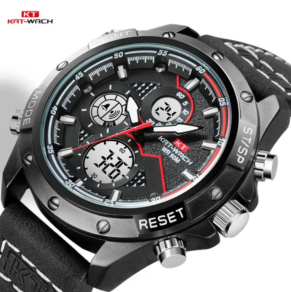 KT zegarki Mężczyźni 2020 zegarek na nadgarstek Kwarc Sport Skórzane prezenty Luksusowe wodoodporne chronograph Analog cyfrowe obserwowanie Czarnych KT18052401219