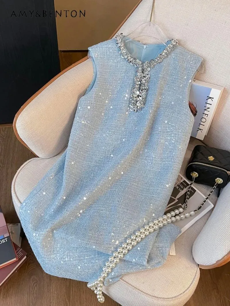 Casual Dresses Spring Summer French Elegant Socialite Sequined Hollow Sleeveless Dress for Women High End Graceful Tweed A-Line Mini