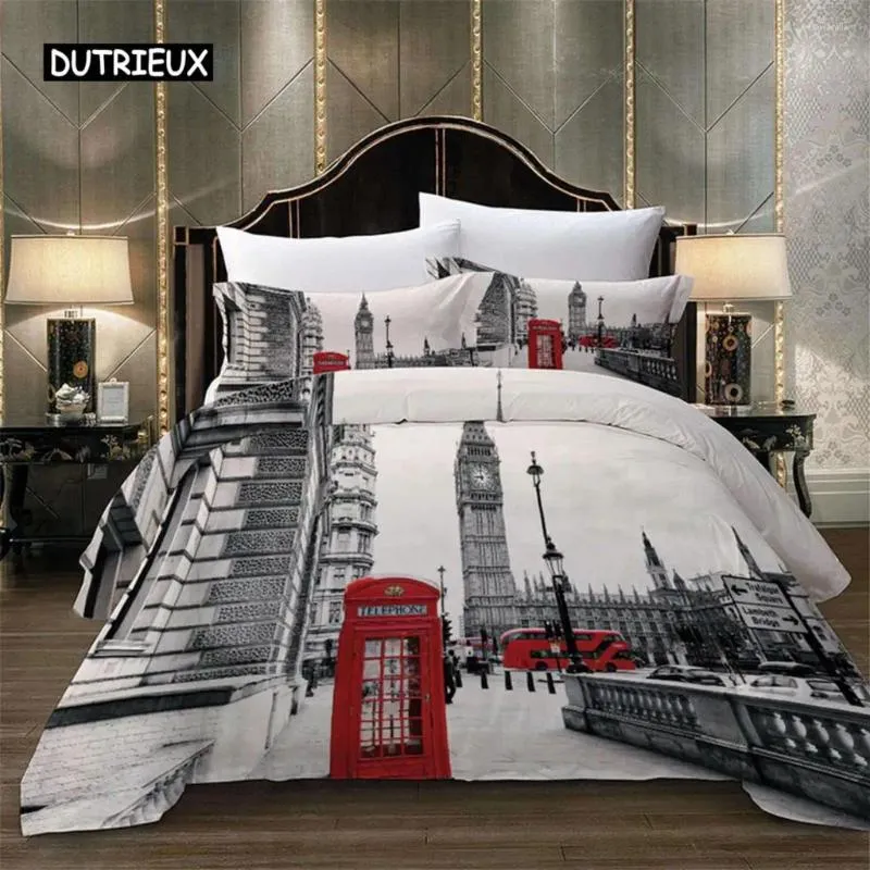 Beddengoed stelt Paris Tower London City landschap Big Ben Red Telephone Booth Bus Afdrukken Set Quilt Dekbedoverkapkussenbus US AU EU -maat