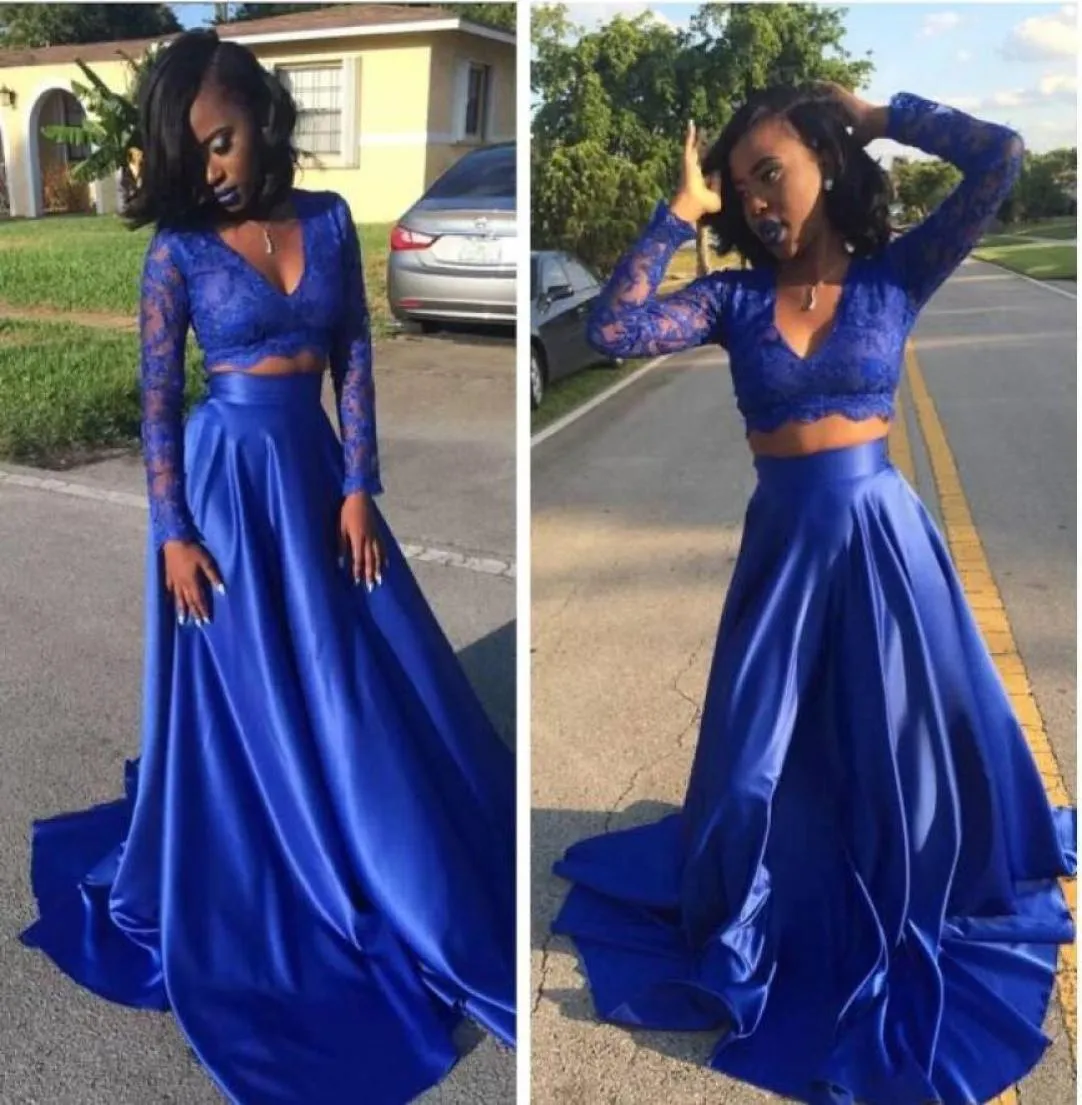 2017 Royal Blue Two Pieces Aline Prom Dresses 2K17 Sexy Vestidos de Fiesta Vneck lange mouwen aline avondfeestjurk 9166774