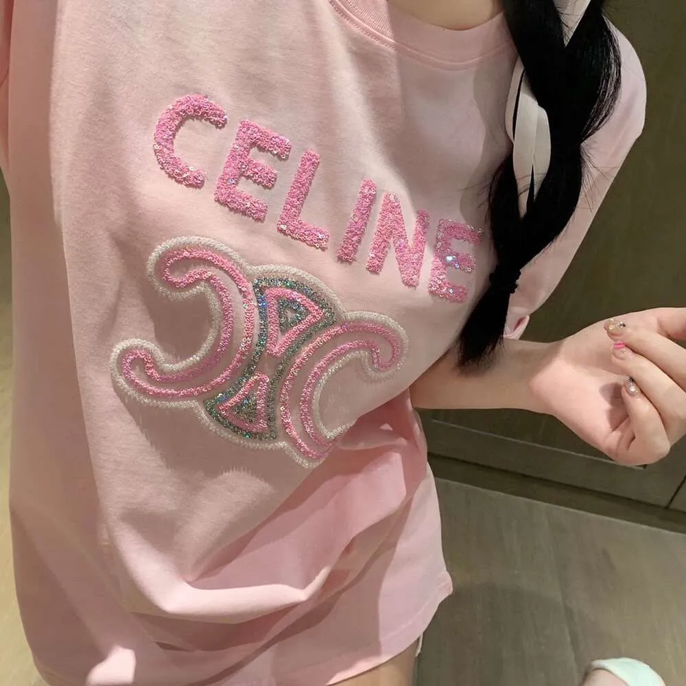 CE23 Spring/summer New Sequin Embroidery Contrast Color Sleeve Design Fashion Versatile Loose Casual T-shirt Women's Round Neck