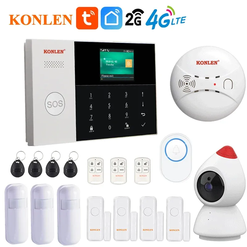 Kits 4G LTE 2G GSM Alarm System Tuya WiFi Wireless för hemhusets säkerhet med kamera Pir Solar Siren Smart Life Burglar Anti Stöld