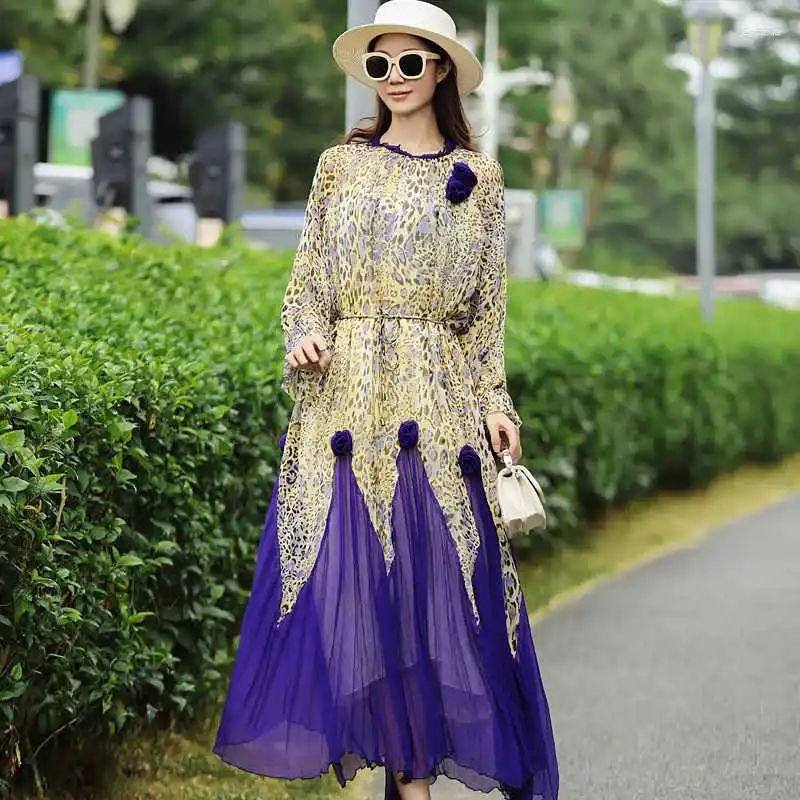 Casual Dresses Original Design O-Neck Silk Fashion Print Leopard Spliced ​​Purple Handmade Flower Loose and Elegant Fairy Dress One Size