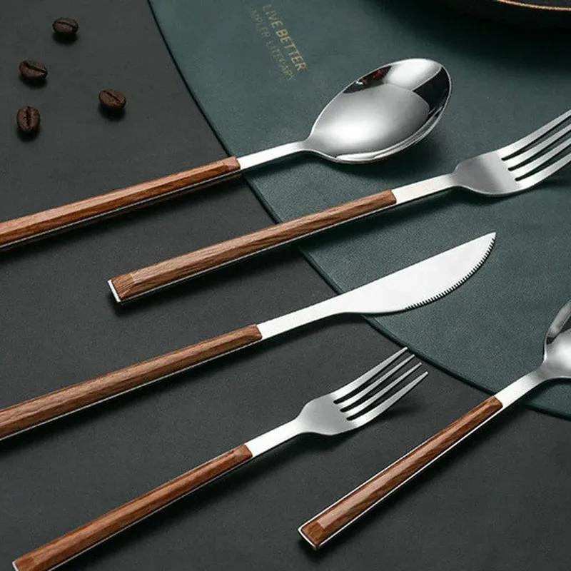 2024 الفولاذ المقاوم للصدأ تقليد المقبض الخشبي مجموعة أدوات المائدة المطبوعات المشبك الغربي أدوات المائدة السكين شوكة الشاي سبون