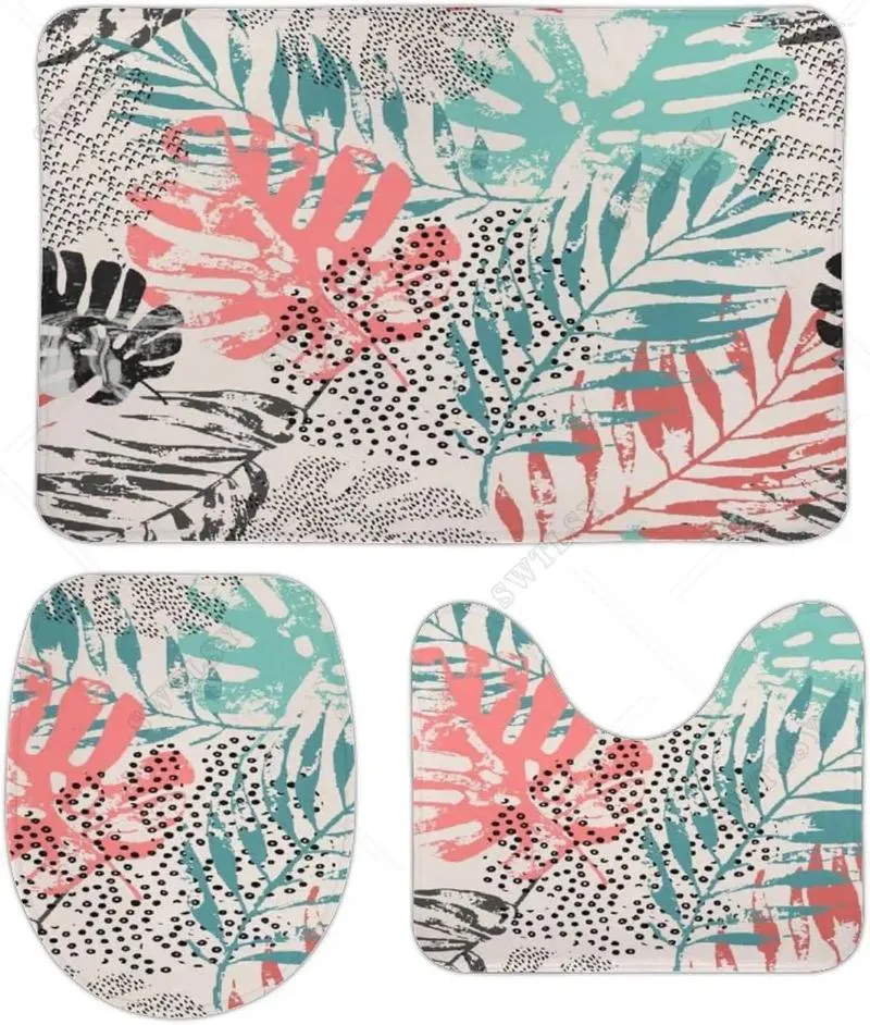 Alfombrillas de baño coloridas hojas de palma tropicales colchonetas de 3 piezas alfombras de baño suaves alfombras de contorno y tapa del inodoro juegos de tapa de la tapa del inodoro