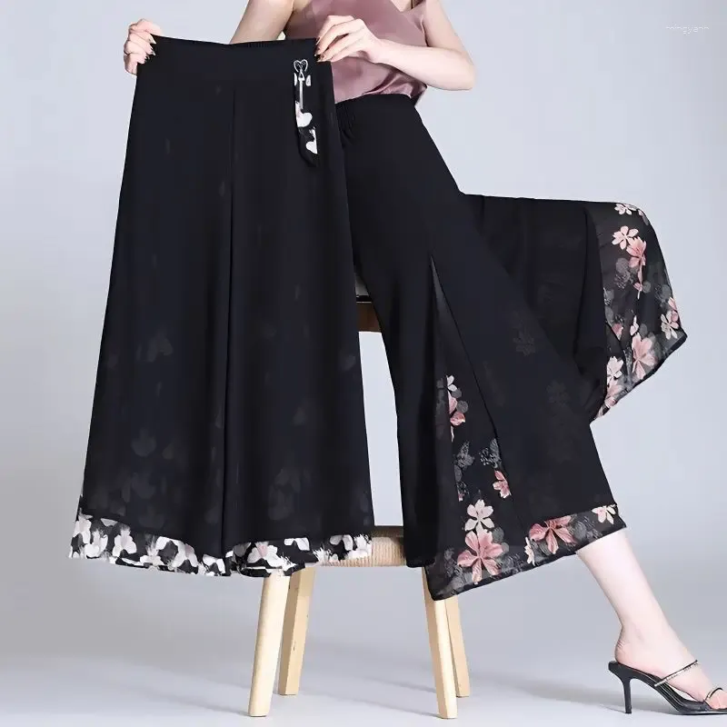 Frauenhose Mode Split Fork Elegant Blumendruck Sommerkleidung lässig Alleinstimmige Chiffon Weitbeinhose Q108