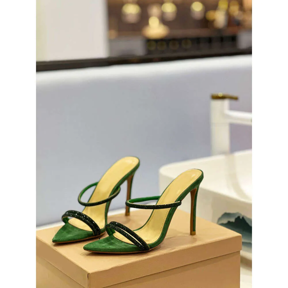 Spring/summer New One Line Slippers with Pointed Water Diamond Muller Slim Cross High Heels Shoes Wearing Sandals Outside for Women