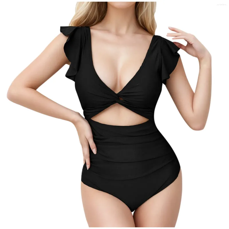 Women's Swimwear Hollow Out High Waisted Sexy Bikini Ruffled Sleeve One Piece Swimsuit Solid Low Cut Bow For Women