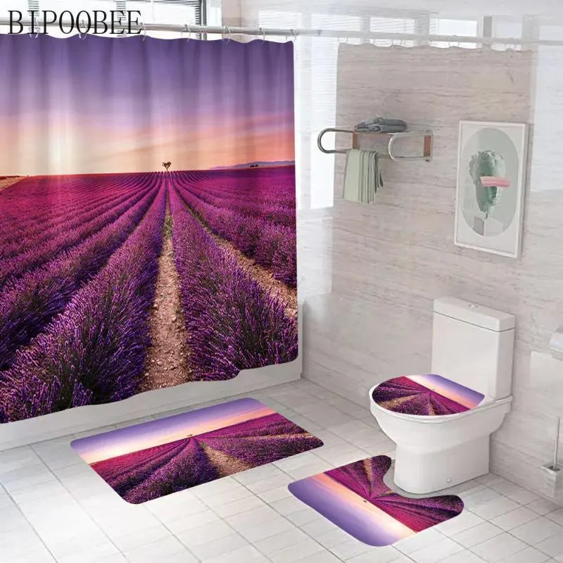 Courteaux de douche Lavender Fleur accessoires de salle de bain de mer 3d rideaux set de salle de bain tapis de toilette Couverture de siège non glissée décor de la maison