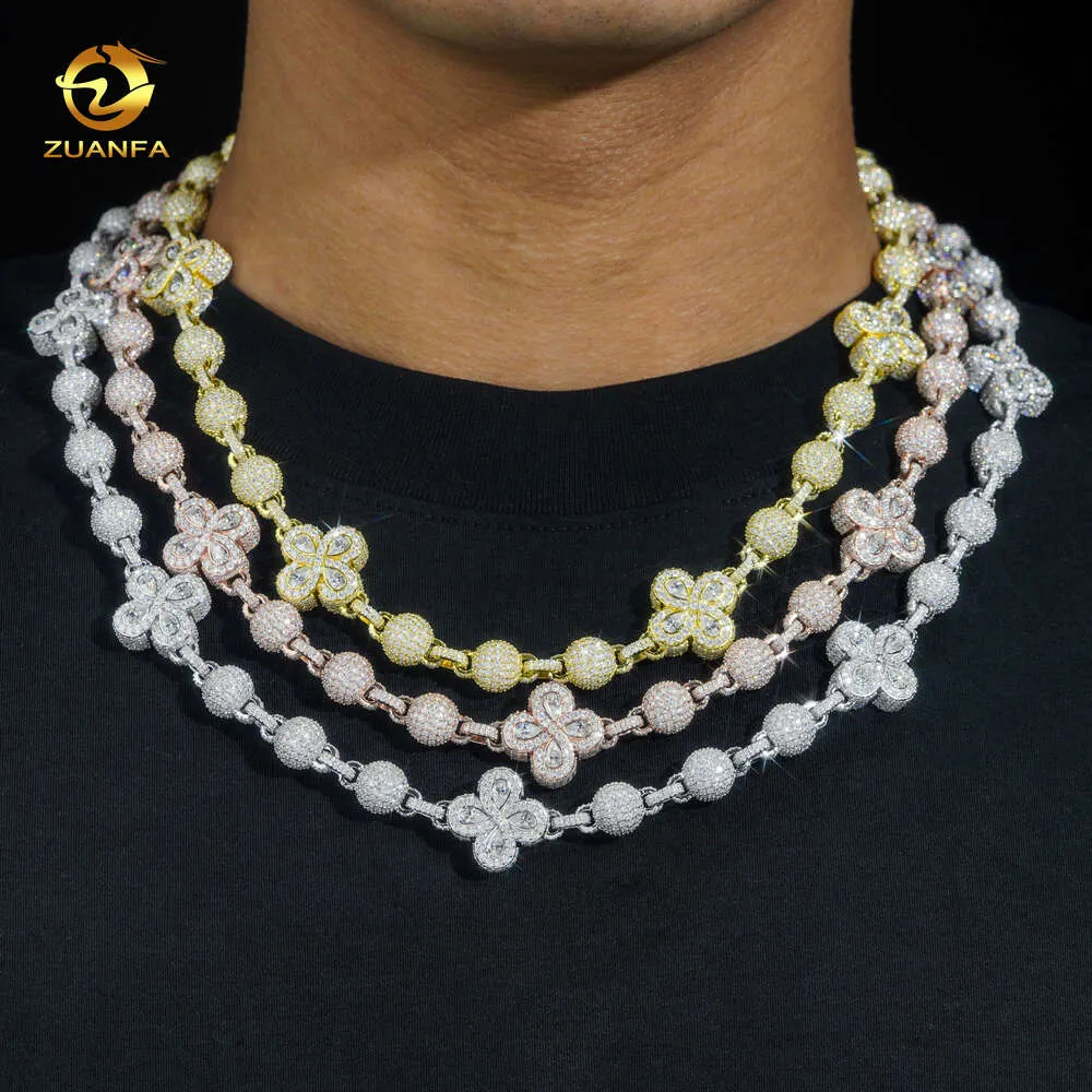 Ny design hiphop gra certifikat fancy form diamant silver halsband 10mm boll blomma mens kubansk länkkedja