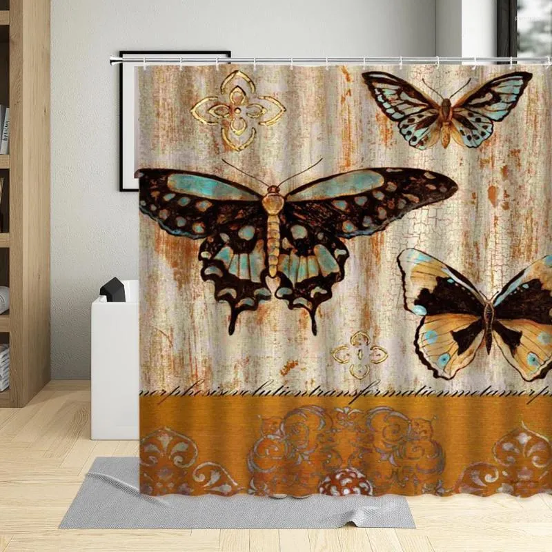 Dusch gardiner retro vacker fjäril gardin etnisk stil badrum dekor skärmar vattentätt polyester tyg med krok
