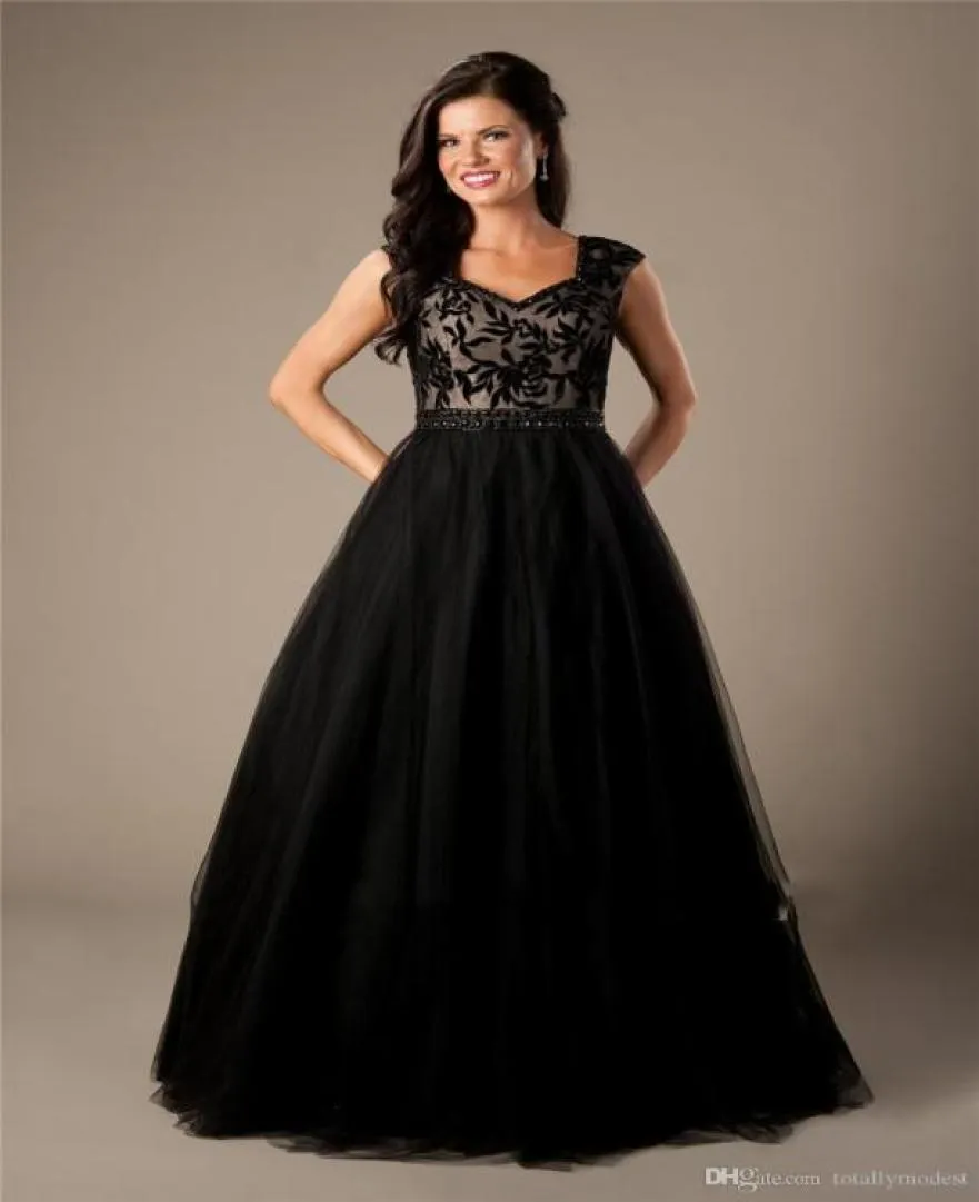 Black Lace Tule prom jurken bescheiden eenvoudige kralen taille aline vloer lengte Vestido de festa seinors formele prom feestjurken ch5391041