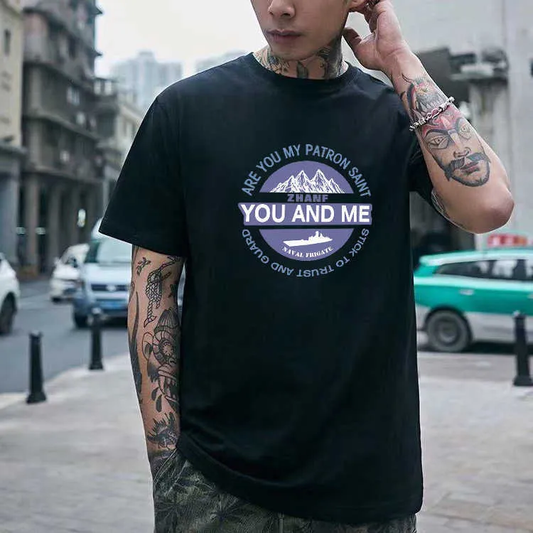 Mens moderno estilo Hip-Hop algodão de algodão curta-camiseta de camiseta redonda pescoço redondo meio versátil solto versátil