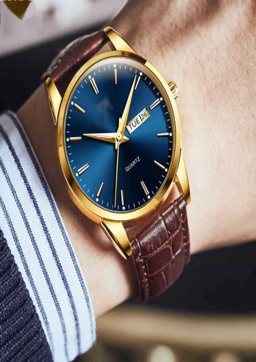 Top Men Classic Gold Blue Face Quartz Waterdicht Watch Bruin lederen band Business Populair Casual voor herenwork8115903