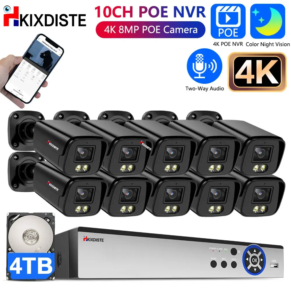 System 10ch 8ch 8mp 4K Poe Color Set SET SECEM SYSTEM SYSTEM IP System Twoway Audio Plugplay IP67 Zestaw nadzoru wideo