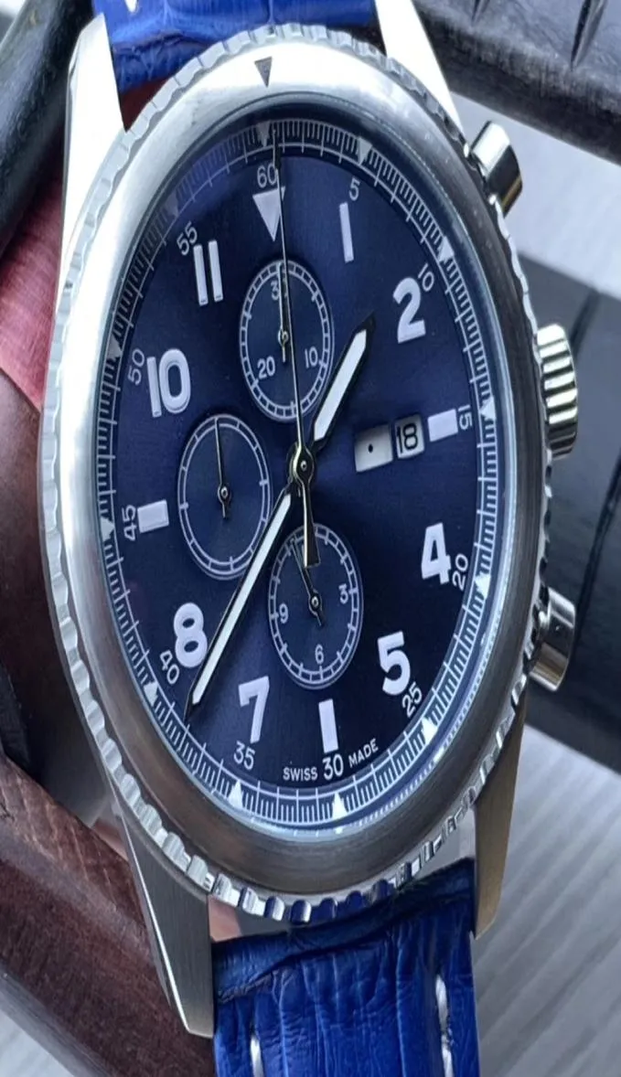 Aviator 8 B01 Quarz Chronograph Herren Uhren 46mm Silber Hülle Full Blue Dial Luminous ARBAGES mit Kalenderfenster und Allig5619171