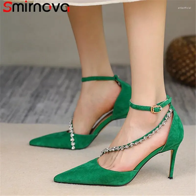 Dress Shoes Smirnova 2024 Kid Suede Women Sandals Rhinestone Thin High Heels Fashion Ladies Summer Party