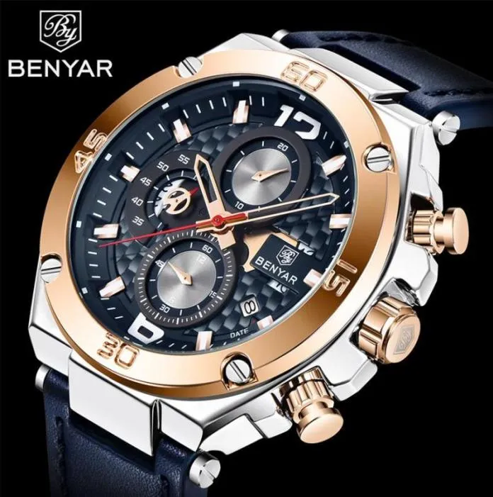 Benyar Top Luxury Brand Watch Men Analog Chronograph Quartz Pols Watch Leather Band Polshorwatch Auto Date243P1272276