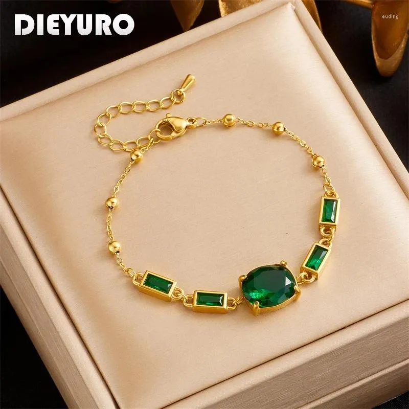 Bracelets de charme dieyuro 316l Bracelet de cristal de zircon vert ovale en acier inoxydable pour femmes Bangles Fashion Bangles Jewelry Lady Holiday Gift