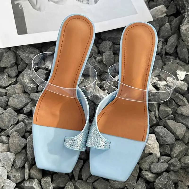 ドレスシューズliyke Summer summer Open Toe Mules High Heels Slippers女性クリスタルラインストーンサンダルPVC透明ストラップスライドパーティー女性H240403YURU