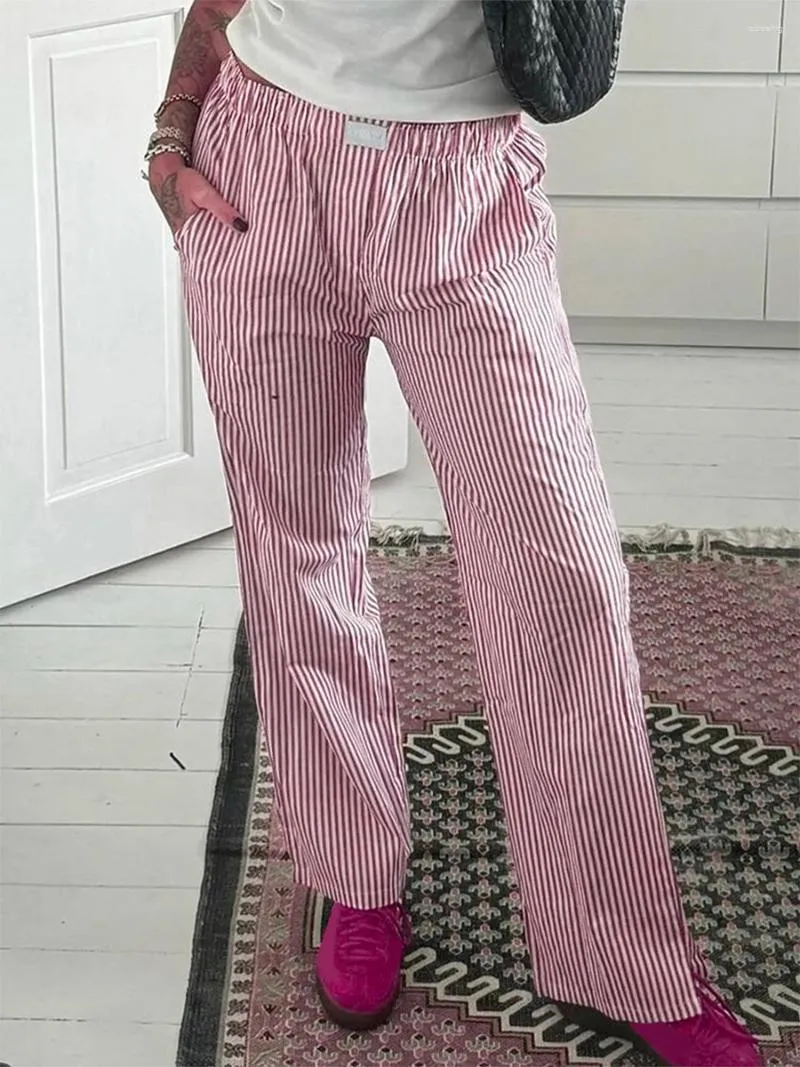 Pantalon féminin Femmes Ligne large décontractée lâche Stripe Stripe Print Lounge Lounge avec des poches pour le streetwear de travail de travail