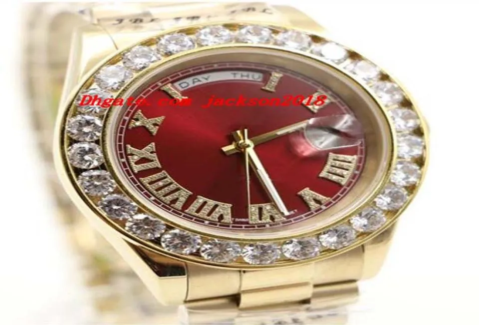 Luxury Watches Men 18K Yellow Gold Stainless Steel Bracelet Red Face Bigger Diamond Watch Men Automatic Mechanical Men039s Wris7841664