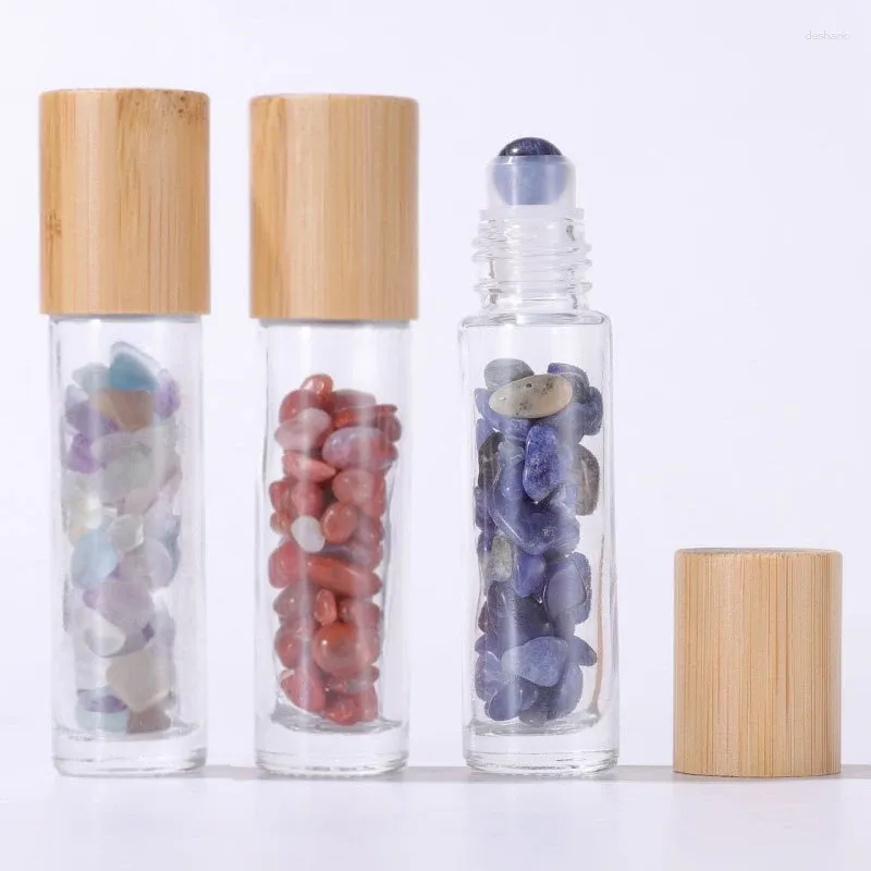 Lagringsflaskor 10st 10 ml Roll på flaskan för eteriska oljor med Crystal Chip Natural Jade Roller Glass Refillable Packaging Containers