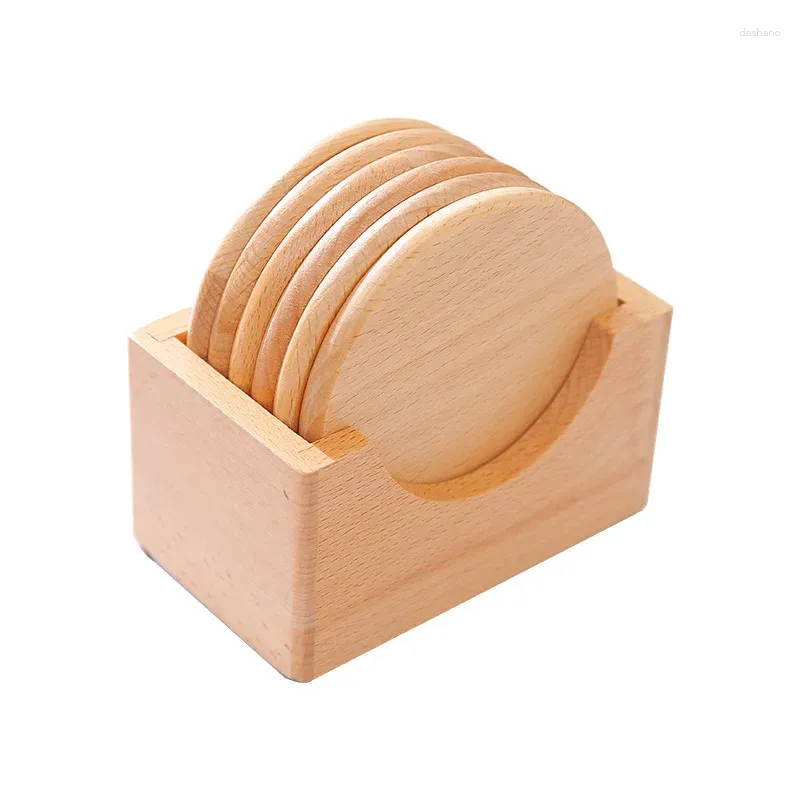 Bordmattor 20 uppsättningar/Lot Natural Wood Beech Coasters Set Pack of 6 Cup och 1 Holer Heat Isolation Desktop Pads