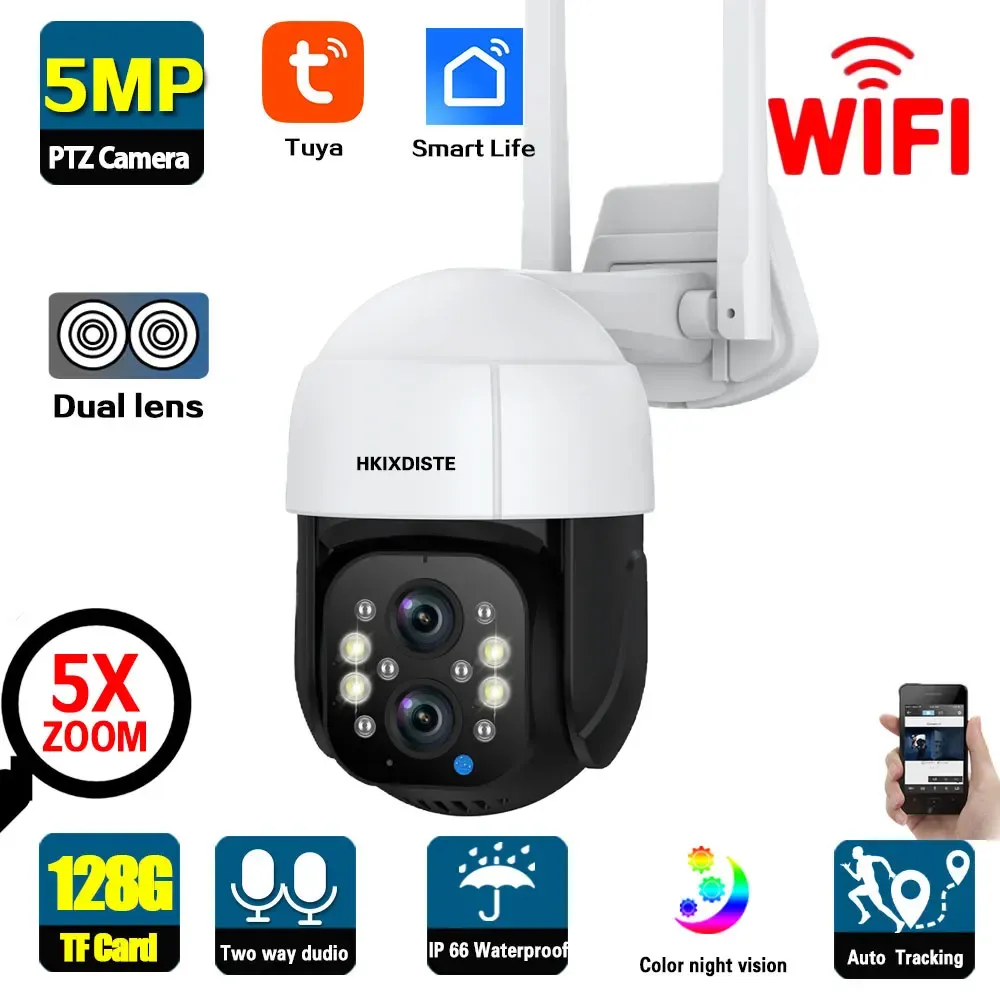 Telecamere Smart Life 5MP Audio IP Audio IP PTZ WiFi Tuya Dual Lens Wireless Security Surveillance Camera AI Tracciamento automatico CCTV Cam